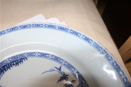 A Chinese blue and white bowl, two plates and two teabowls tallest 17.5cm